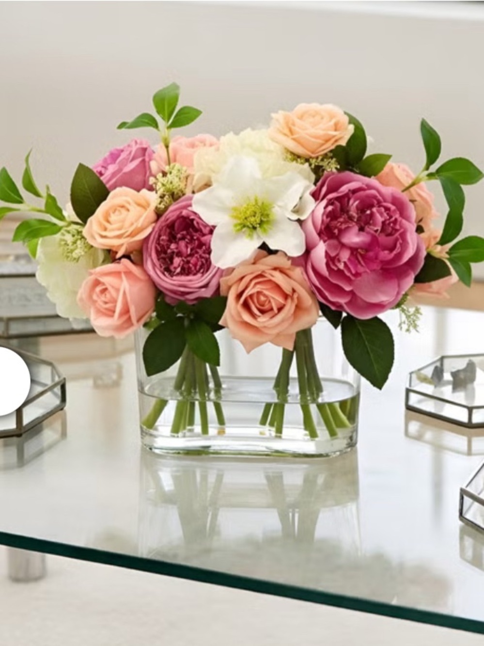 Faux 10” Rose and Hydrangea Pink and Peach Mixed Arrangement Clear floral Vase